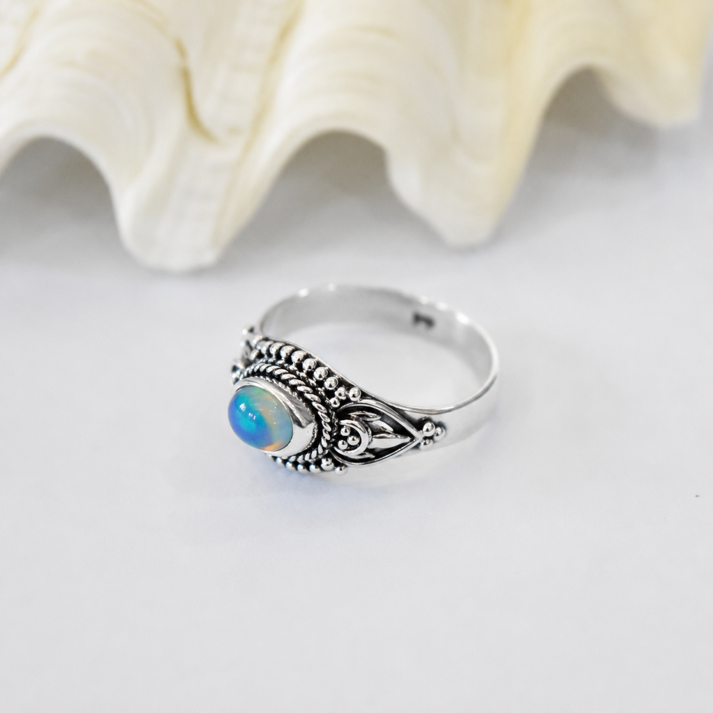 Anel Opala Etíope Boho Prata 925