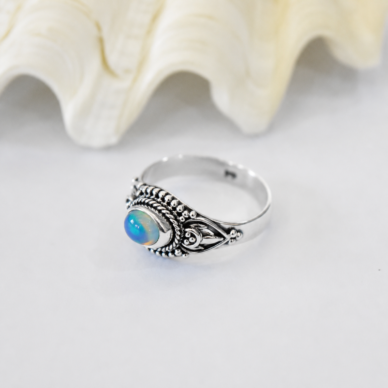 Anel Opala Etíope Boho Prata 925