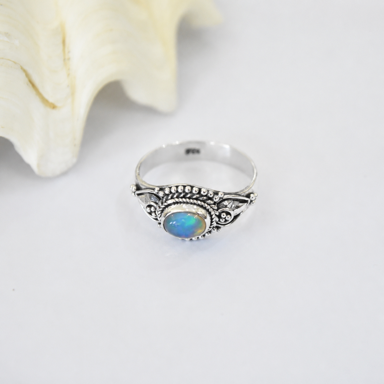Anel Opala Etíope Boho Prata 925