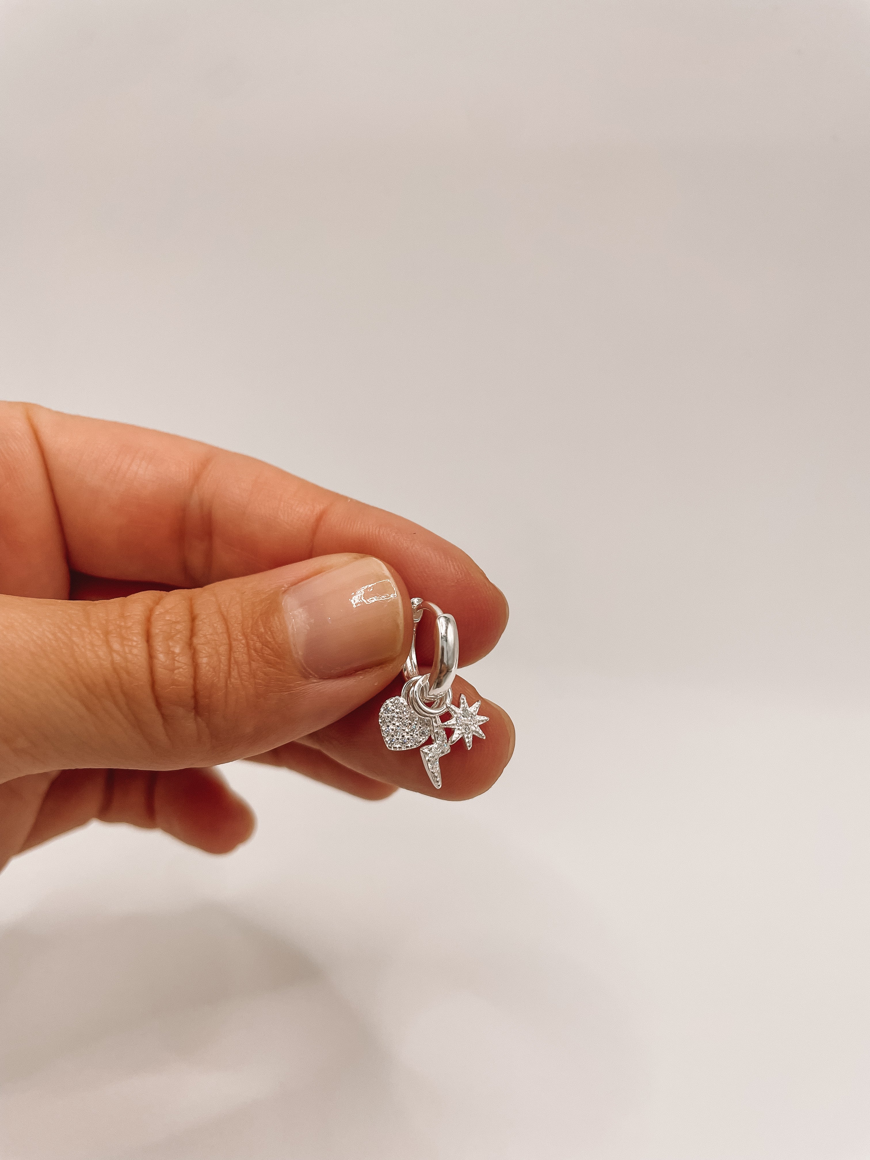 Brinco Argola Click com Estrela, Raio e Coração com Zircônia Prata 925
