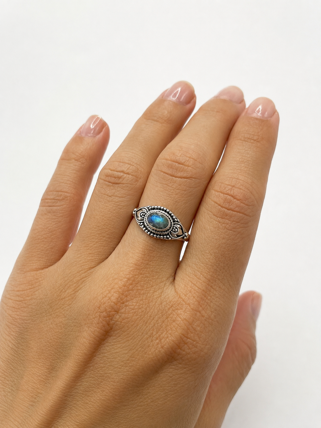 Anel Labradorita Boho Facetado Prata 925