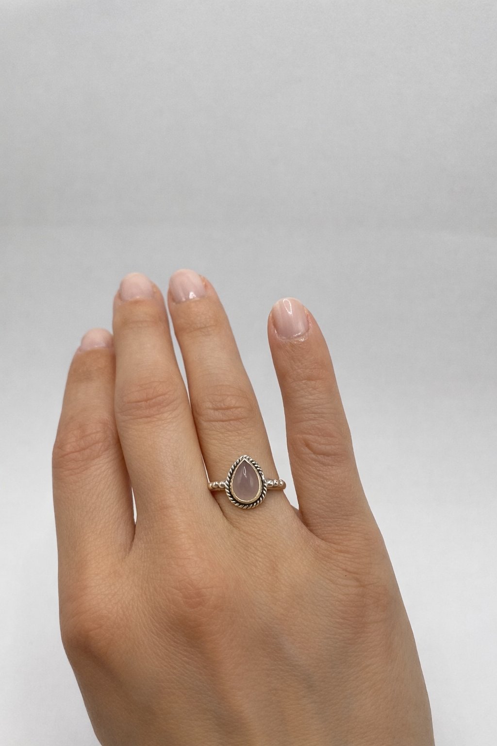 Anel Quartzo Rosa Gota Prata 925